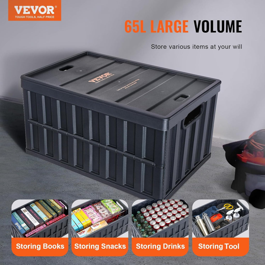 VEVOR 65L Collapsible Storage Bins - Stackable Utility Crates with Lids for Organizing Tools & More