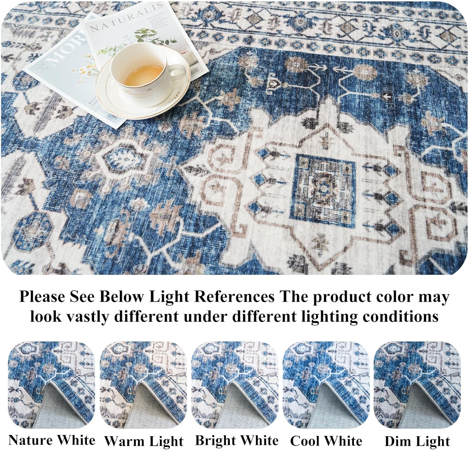 Skiennix Washable 4x8 Hallway Runner Rug - Vintage Soft Non-Slip Carpet for Entryway & Kitchen | Blue