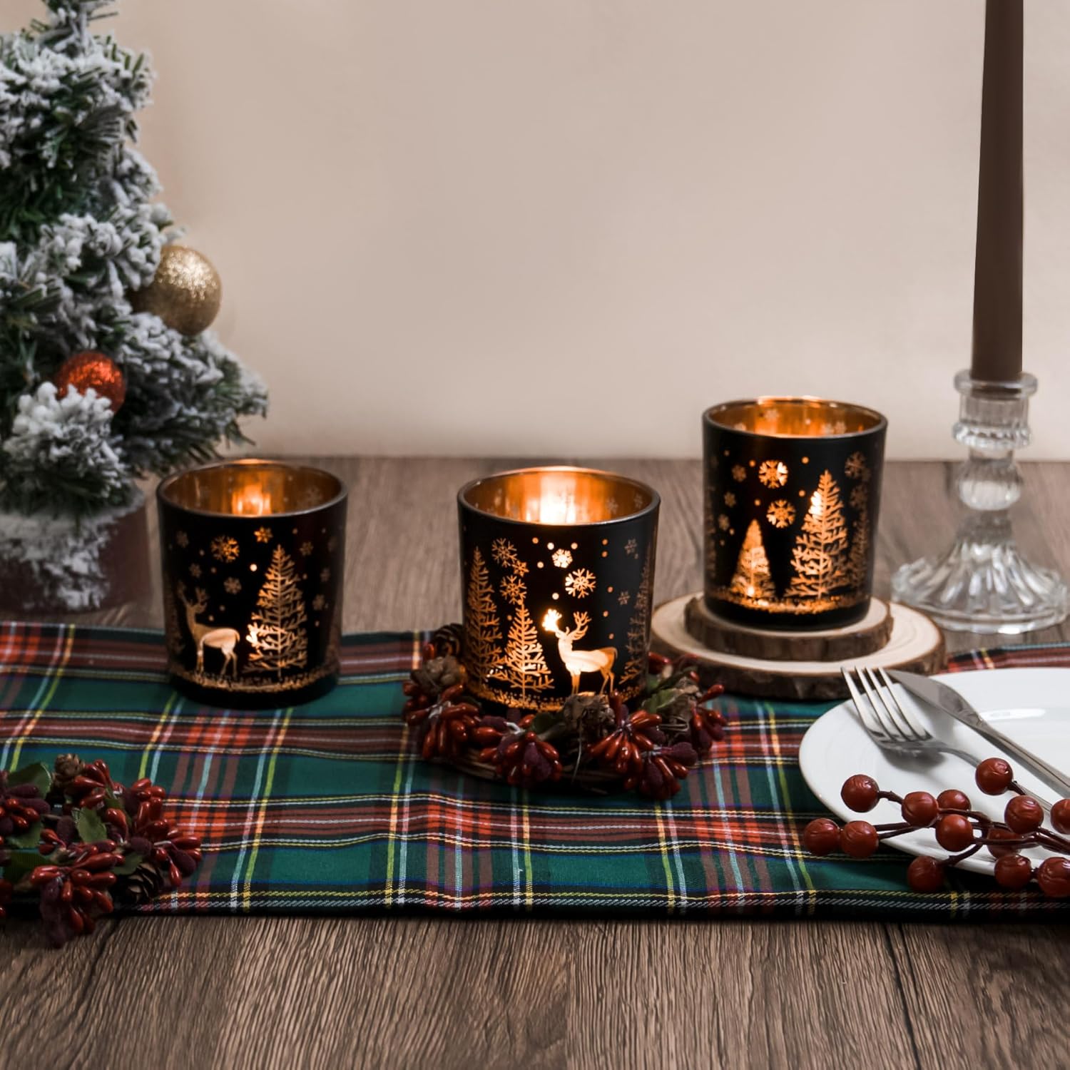 Skiennix Votive Candle Holders - Black & Gold Glass Tealight Set of 3 | Festive Elk, Tree & Snowflake Designs for Holiday Decor