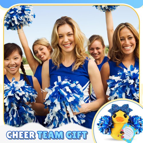 Lenwen Cheer Duck Gift with Pom Poms Bow 8 Inch Duck Plush Senior Cheerleader Gifts Team Support Gift for Senior Night Gifts Cheer Competition Day Must Have(Blue)