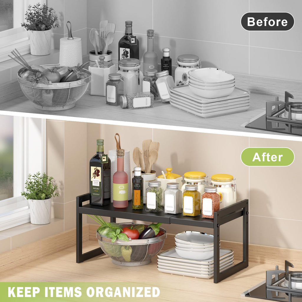 DOLALIKE Expandable kitchen Countertop Organizer, Stackable Cabinet Shelf Organizers, Space Saving Spice Rack Pantry Storage for Bathroom Office (Black, 1 Pack)