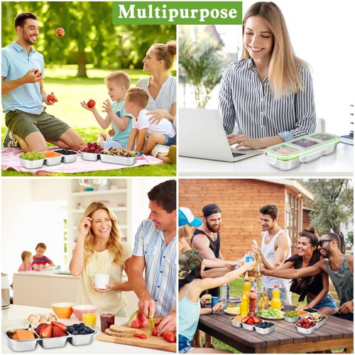 UPTRUST Reusable Snack Containers with Lids, 2pcs Stainless Steel 3-Compartment Snack Box, Divided and Leak-Proof Design for Take-Out Condiments and On-the-Go Snacks