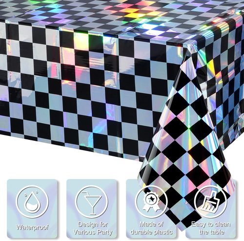Checkered Plastic Tablecloths by Iridescent | Shiny Disposable Laser Rectangle Covers - 54x108 Inch