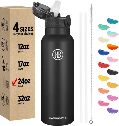 Han's Bottle Sports Water Bottle - 24 Oz Vacuum Insulated, Leak Proof, Straw Lid - Black Thermo Mug
