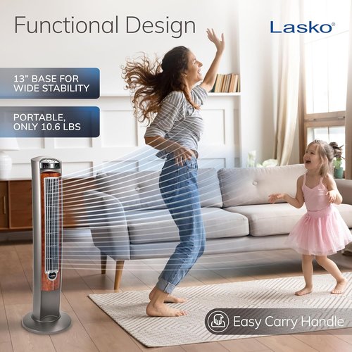 Lasko Oscillating Tower Fan - Quiet Remote-Controlled Floor Fan for Bedroom - 42" Woodgrain & Grey