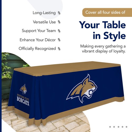 Montana State Bobcats College Sports Printed Table Throw - NCAA Licensed - Polyester - School Tablecloth (Blue, Gold, White) (6' Draped)