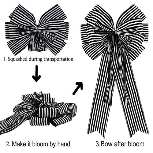Hongsome 2 Pack Black White Stripe Halloween Fall Bows for Wreaths,12”x20”Black and White Christmas Decorations Bow for Tree Topper Gothic Spooky Holiday Birthday Party Wall Home Front Door