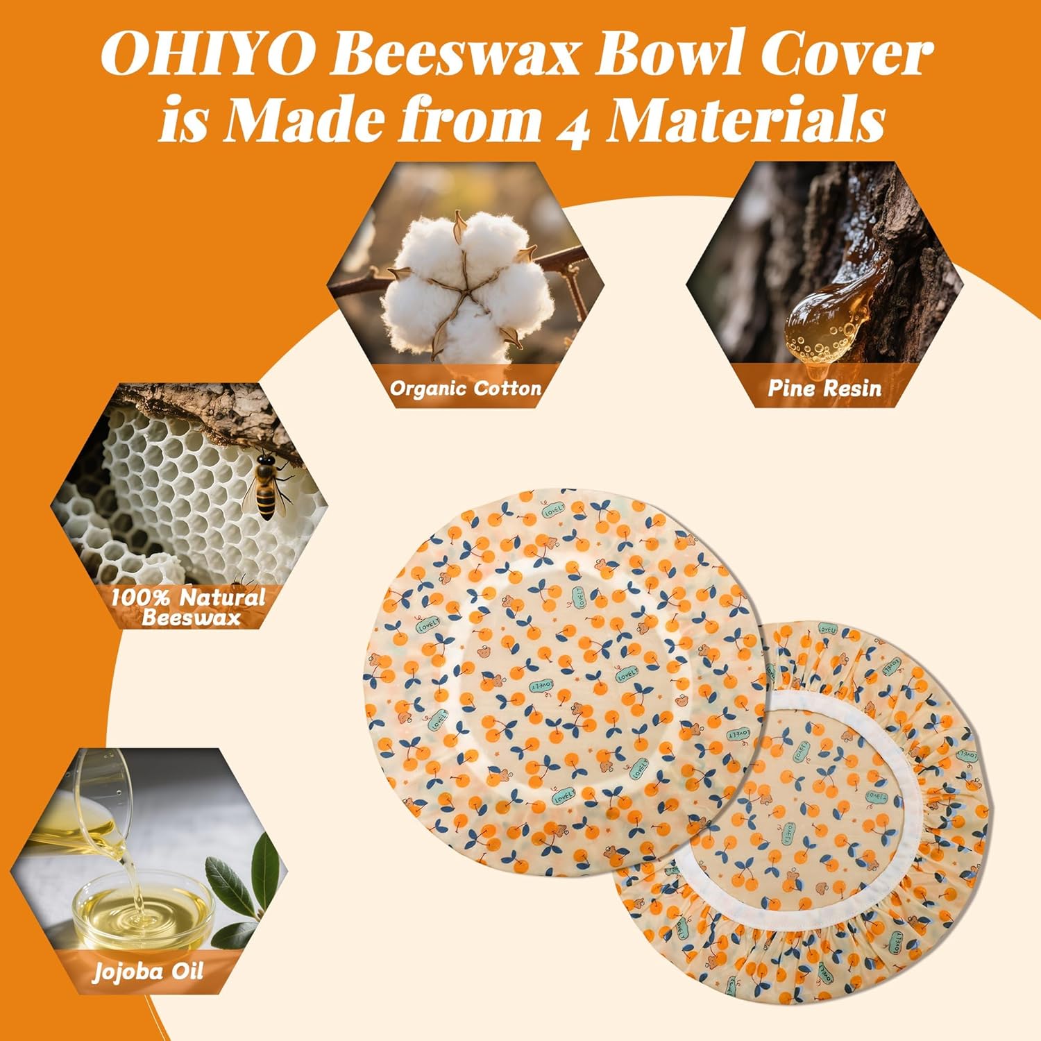 OHIYO Reusable Beeswax Bowl Covers - 2 Large Elastic Cotton Cloth Caps for Bread Proofing & Mixing (12 Inch)