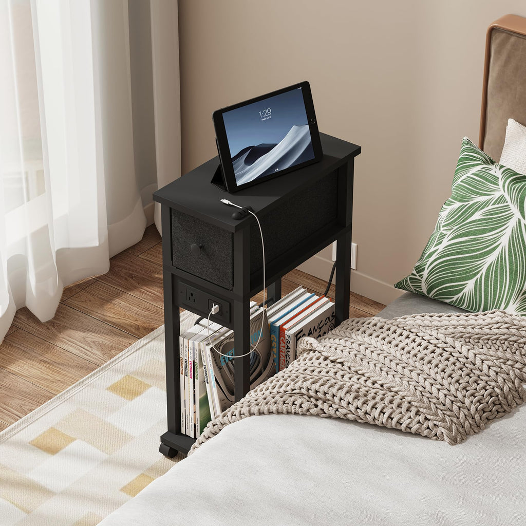 DGSANDGO 2 Pack Black Narrow End Side Table Slim Nightstand with Charging Station (2 USB + 1 AC Outlet), Fabric Drawer & Mute Wheels for Minimalist Small Spaces, Bedroom, Living Room, Office, Couch