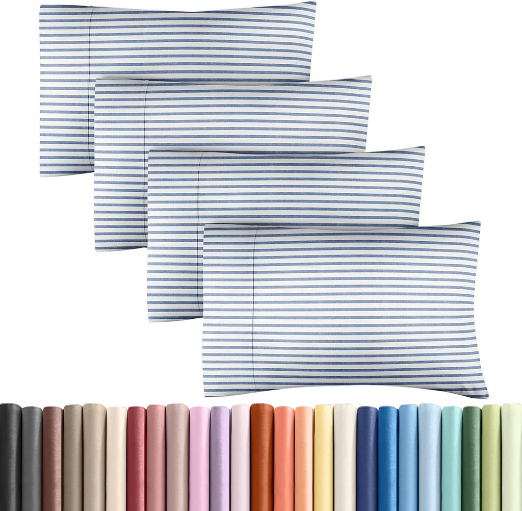 Skiennix Queen Pillow Cases Set of 4 - Ultra Soft Hotel Quality Covers | Wrinkle-Free & Fade Resistant - Blue Stripes