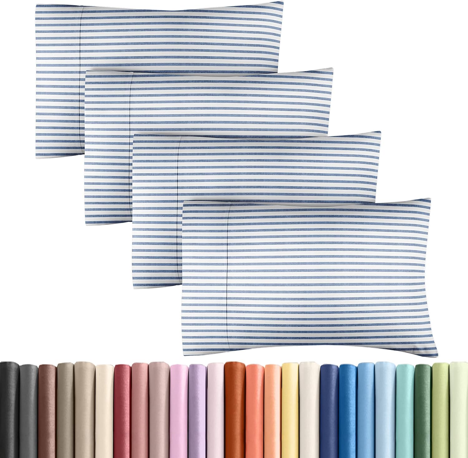 Skiennix Queen Pillow Cases Set of 4 - Ultra Soft Hotel Quality Covers | Wrinkle-Free & Fade Resistant - Blue Stripes
