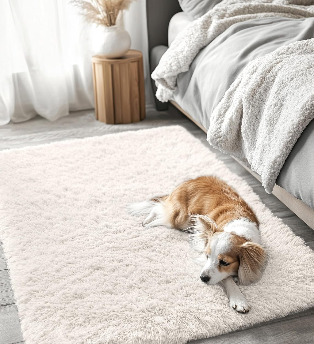OLANLY Soft Fluffy Shaggy Area Rug - 4x5 Machine Washable Indoor Carpet for Bedroom & Nursery | Ivory
