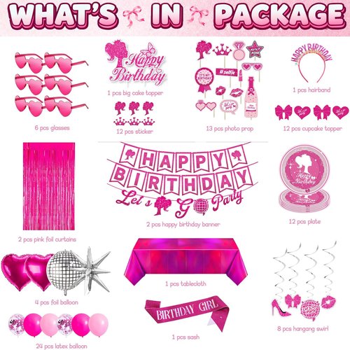 Hot Pink Birthday Party Decorations 99 Pcs, Pink Happy Birthday Party Decorations for Women, Girl with Banner, Hanging, Backdrops, Foil Balloons, Tableware, Tiara, Sash, Sunglasses