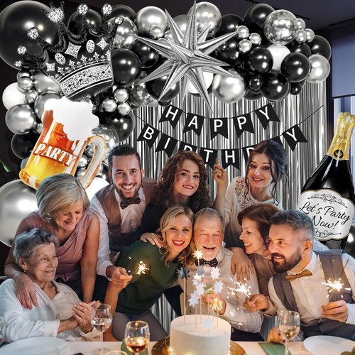 Black and Silver Birthday Party Decorations, Black Silver White Foil Balloons Happy Birthday Banner Fringe Curtains for 16th 18th 21st 24th 32th 40th 50th 60th Birthday Decorations for Men
