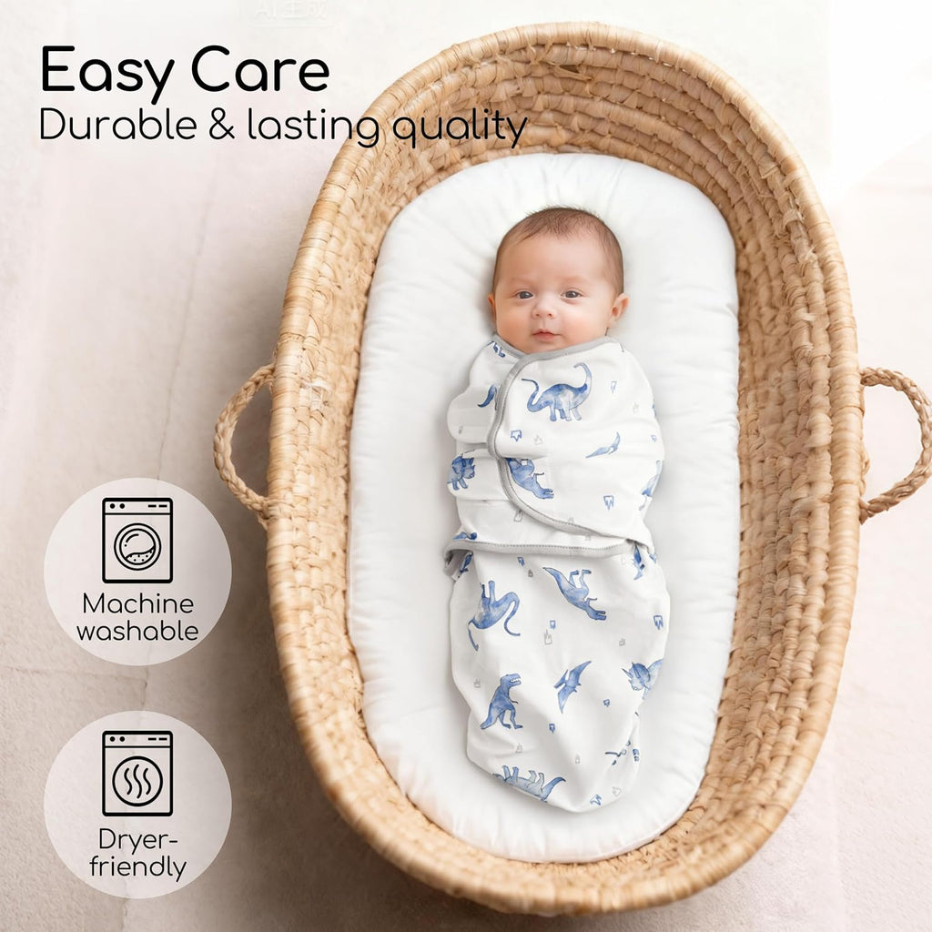 Skiennix Baby Swaddles - Organic Cotton Sleep Sack for Newborns | Soft & Snug 0-3 Months, 2-Pack Blue Dinosaur