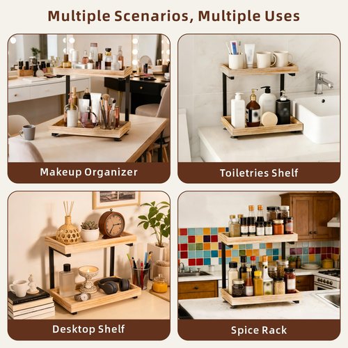 2-Tier Wooden Bathroom Countertop Organization, Vanity Organizers and Storage for Makeup, Perfume & Skincare, Anti-Slip Counter shelf with Embedded Screw Holes for Bathroom, Kitchen (Light Brown)