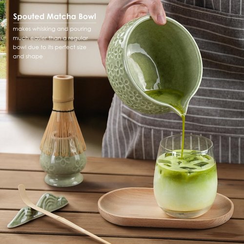 7Pcs Matcha Whisk Set, Ceramic Matcha Bowl with Spout, Bamboo Whisk&Holder,Bamboo Scoop,Scoop Rest,Sifter,Tea Towel, Matcha Kit w/Cherry Blossom Carved Patterns for Valentine's Day Gift