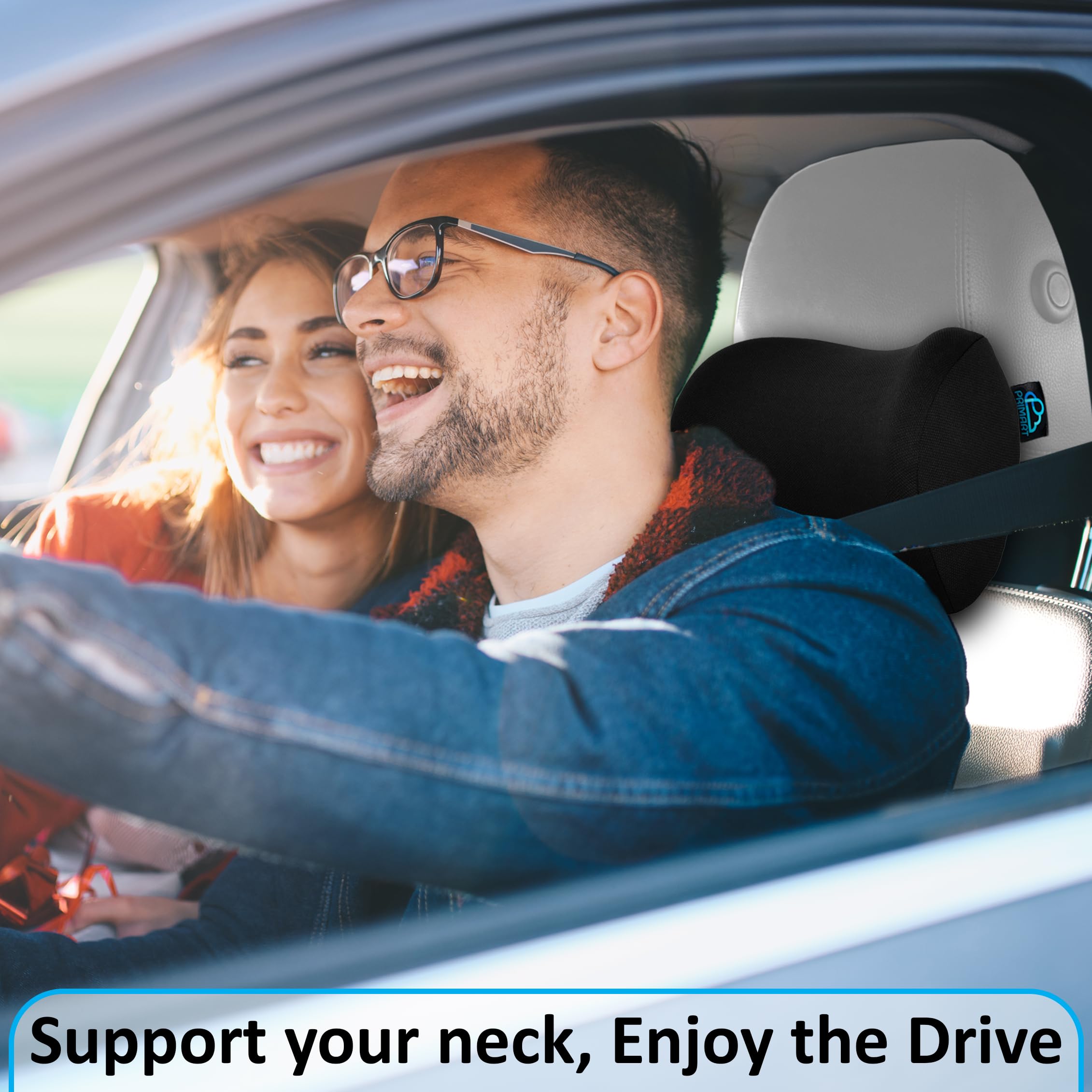 PRIMART 2 Pack Car Neck Pillow, 100% Memory Foam Car Headrest Pillow for Neck Support, Breathable Removable Cover & Adjustable Strap, Ergonomic Design for Driving Comfort, Neck Pain Relief, Travel