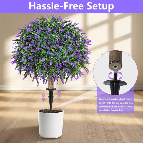 HyeFlora 2 Pack Artificial Topiary Boxwood Ball Trees with Lavender Fake Plants for Outdoor Indoor Artificial Shrubs with Ground Spike UV Resistant Fake Bushes for Front Porch Garden (Purple Lavender)