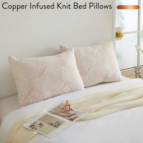 Dearfoams Bed Pillows,Set of 2 Standard/Queen Size,Down Alternative Copper-Infused Pillows with Soft Knit Cover,Supportive for Back, Side & Stomach Sleepers