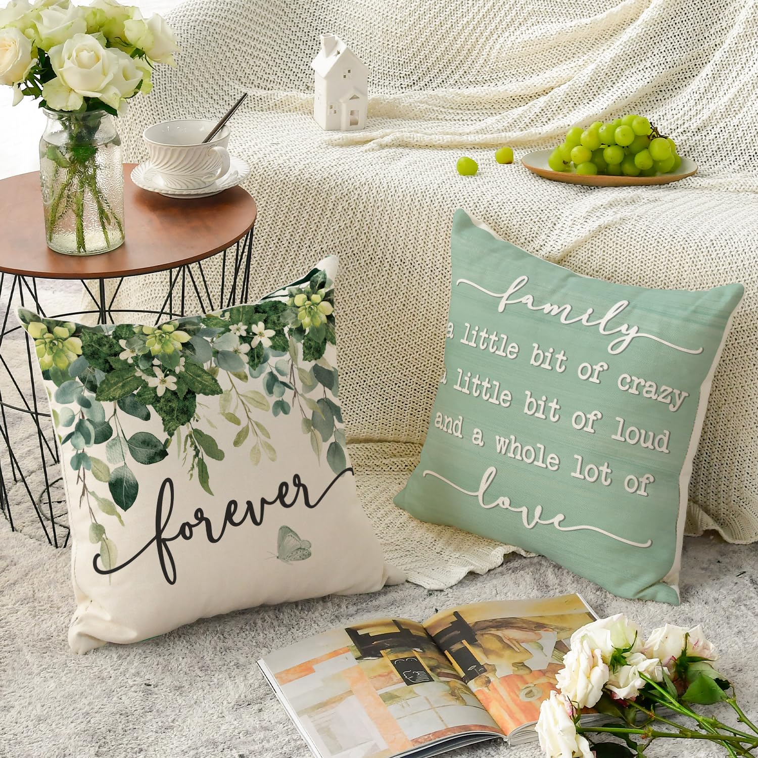AVOIN colorlife Spring Home Sweet Home Eucalyptus Leaves Throw Pillow Covers, 18 x 18 Inch Seasonal Fall Motto Green Cushion Case for Sofa Couch Set of 4