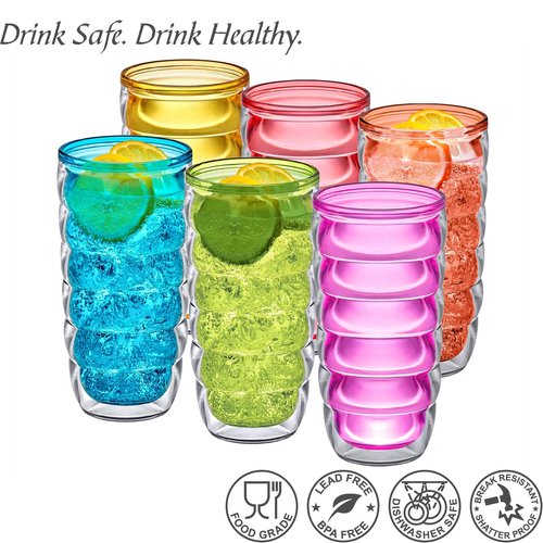 Amazing Abby - Arctic - 24-Ounce Insulated Plastic Tumblers (Set of 6), Double-Wall Plastic Drinking Glasses, Mixed-Color Reusable Cups, BPA-Free, Shatter-Proof, Dishwasher-Safe