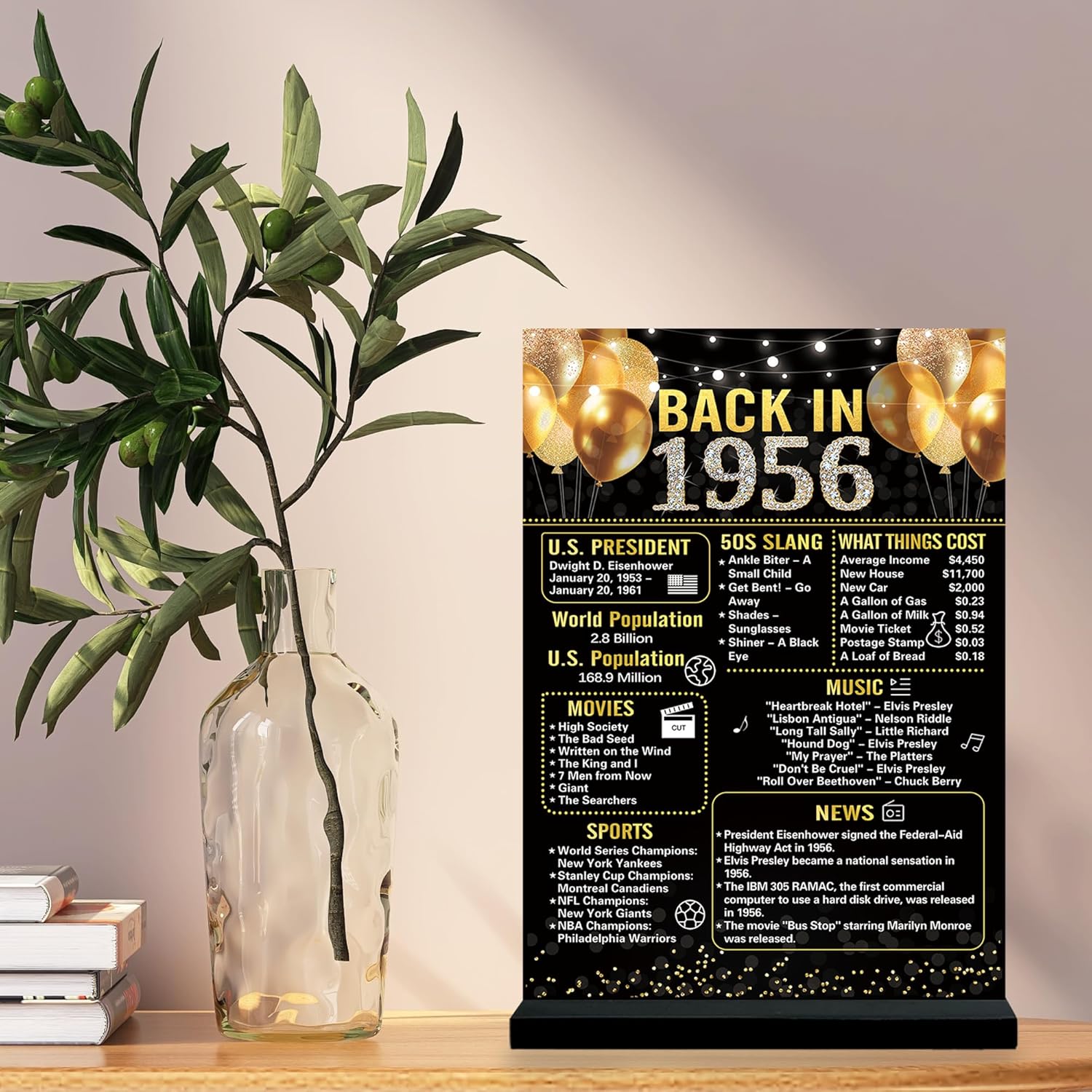 Trgowaul 70th Birthday Decorations - Vintage 1956 Acrylic Table Sign with Stand | Black Gold Theme
