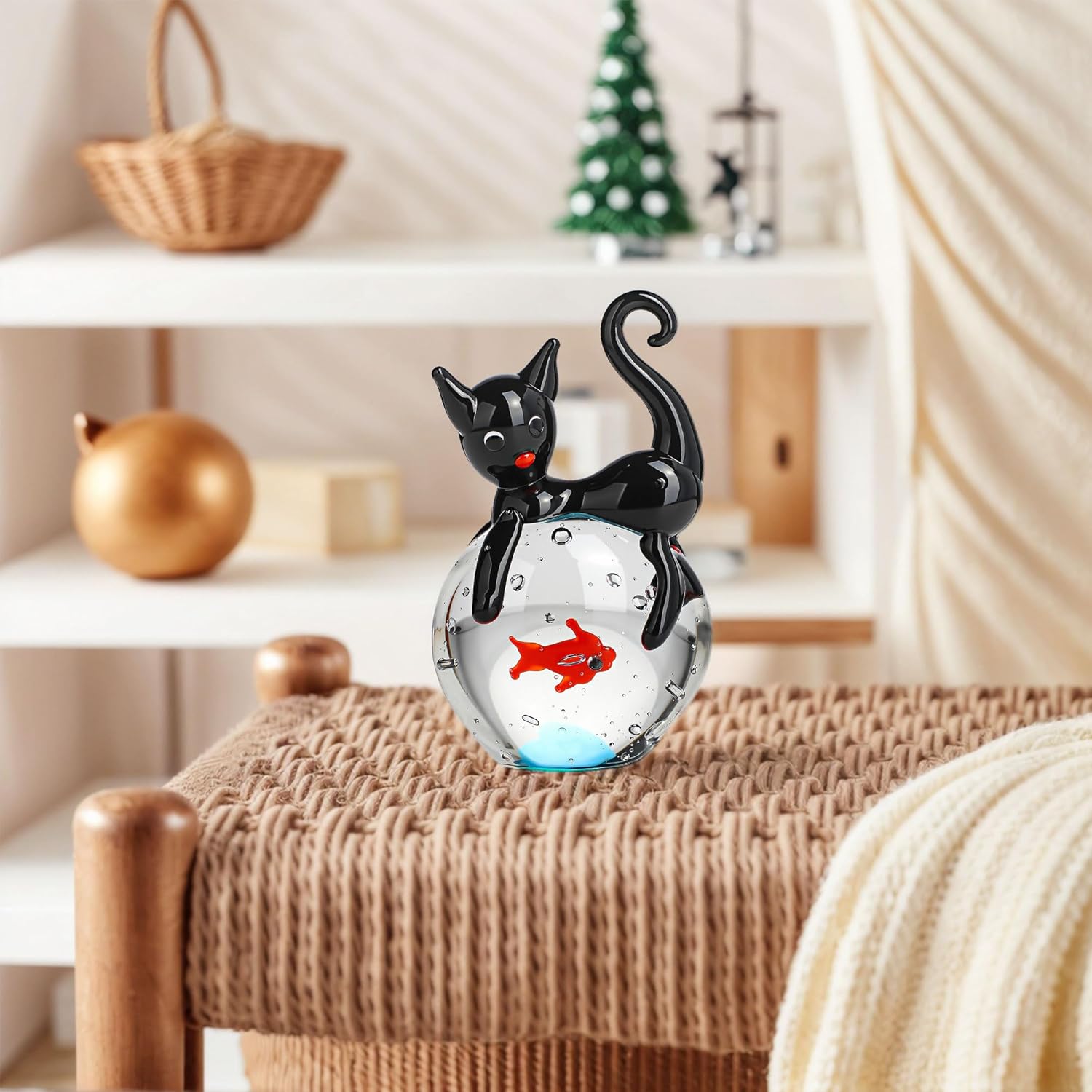 QFkris Blown Glass Black Cat Figurine - 1.6” Mini Glass Sculpture | Unique Cat and Fish Art Collectible for Home Decor & Gifts
