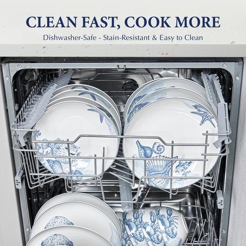 Minh Long 12-PCS Porcelain Coastal Dinnerware Set, Plates, Bowls, Service for 4, Chip & Scratch Resistant, Oven Safe up to 482°F, Non toxic, Lead & Cadmium Free, Stackable, Dishwasher & Microwave Safe