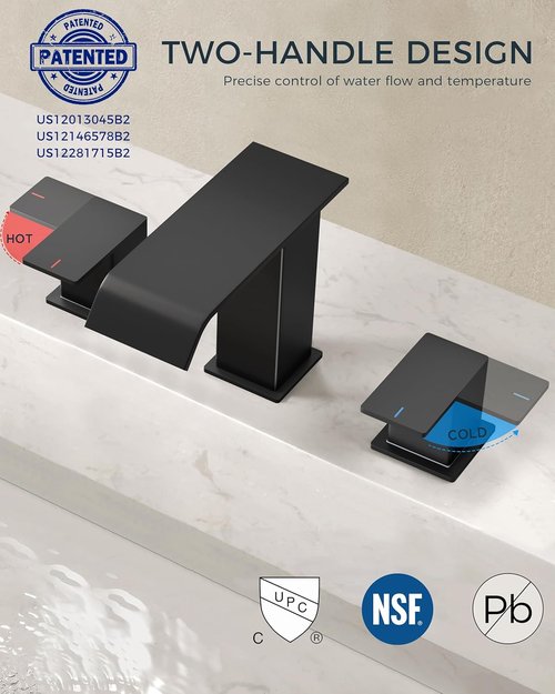 FORIOUS Bathroom Faucet - Matte Black 8-Inch Widespread Waterfall Spout with Pop-Up Drain | Ideal for Vanity & Commercial Use