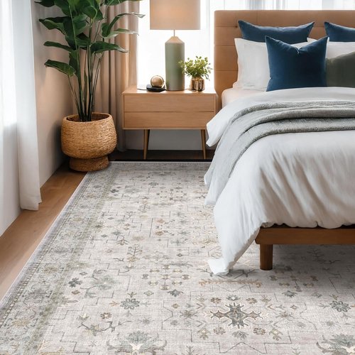 Hazo Haus Boho Living Room Rug - Light Grey Floral Design, Washable Low Pile, 7x10 Large Area Rug