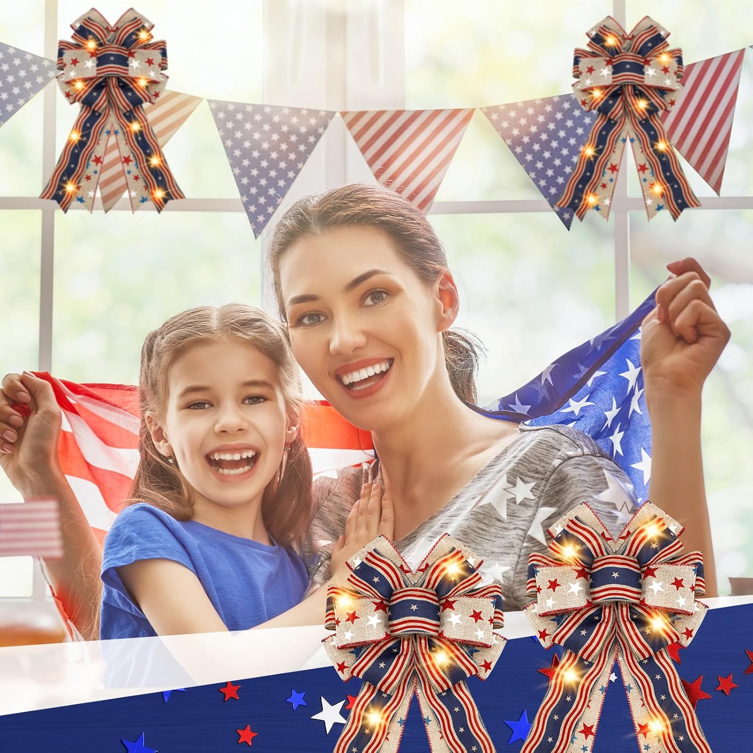 Regine Switzerland Patriotic Lighted Wreath Bow - Large Red, White & Blue 4th of July Decoration