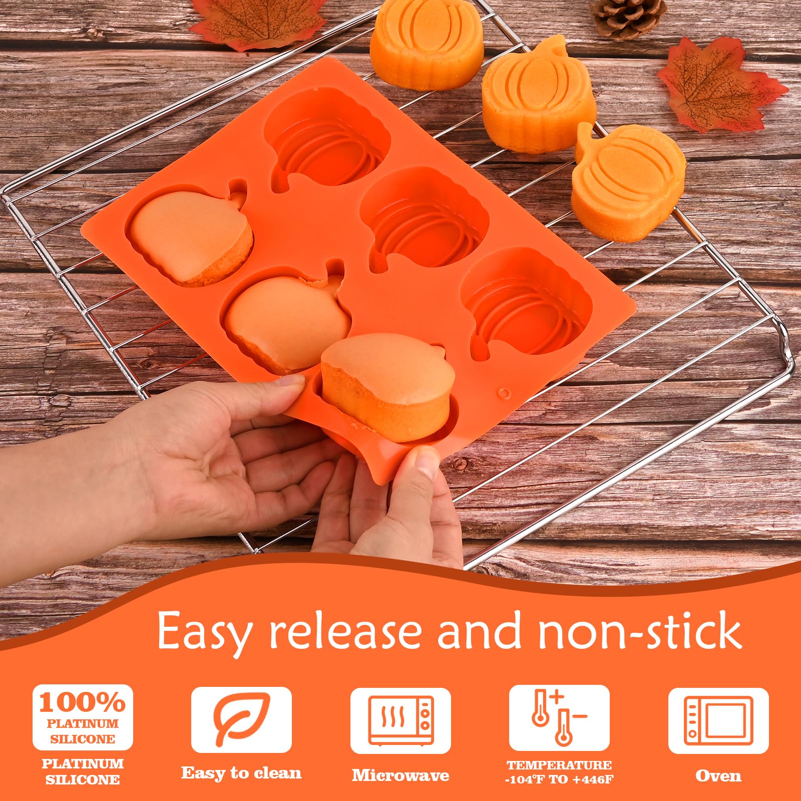 HUAKENER 3 Pack Pumpkin Cake Molds, Silicone Pumpkin Molds for Making Halloween Thanksgiving Fall Mini Cake, Chocolate Bomb, Jello, Soap, Candle
