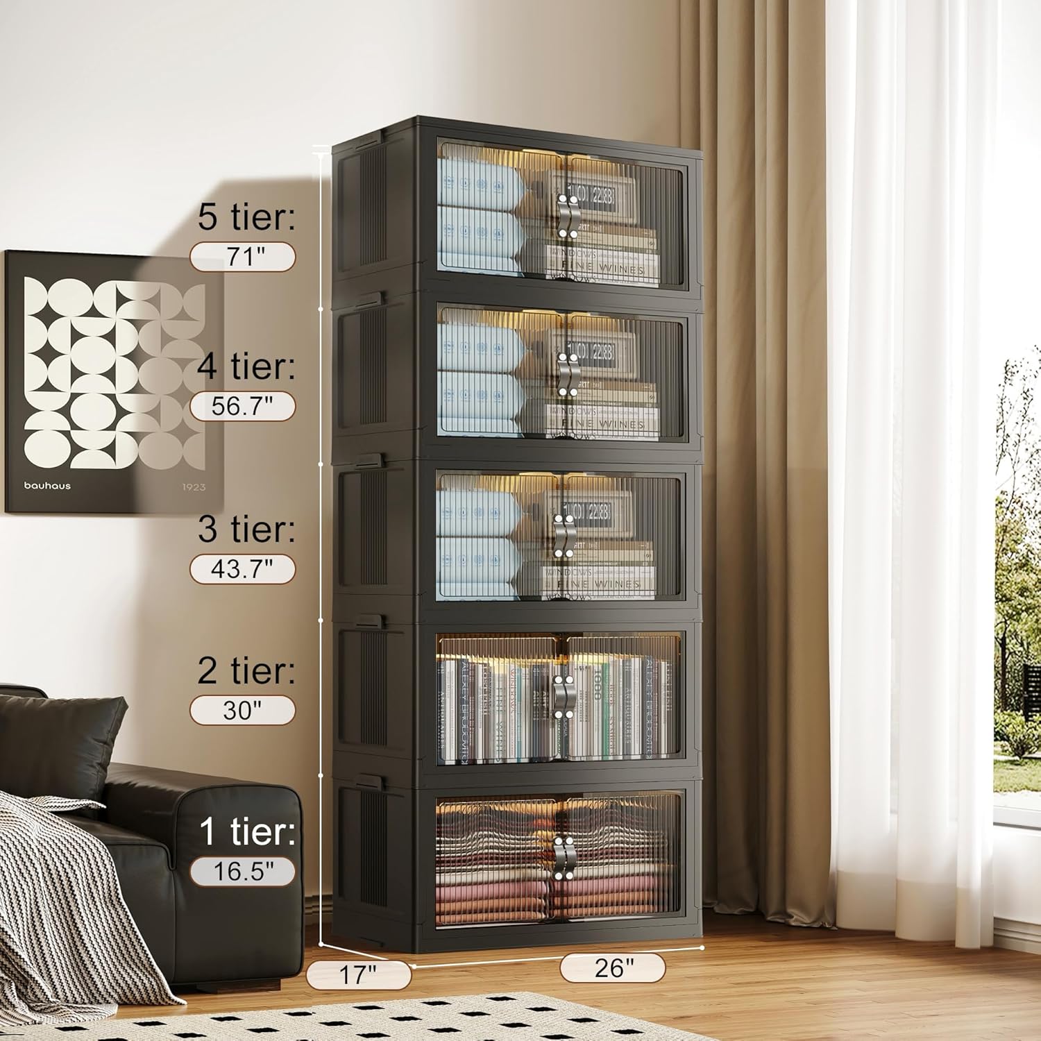 SAILUN Collapsible Storage Bins - 145 Gal/580 Qt, Stackable with Door & Lid, Ideal for Blankets & Pillows - Black 26" W x 17" D x 71" H