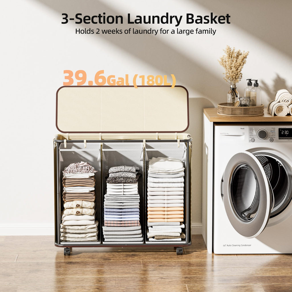 Yecaye 180L Laundry Basket With Lid and Removable 3 Bags, Large Rolling Laundry Hamper with Lid, 3 Section Rolling Clothes Storage With Wheels, Clothes Hamper with Wheels For Laundry Room, Grey