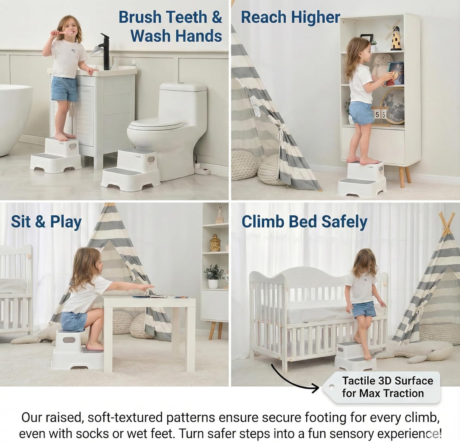 Skiennix 2-Pack Kids Step Stool - Non-Slip Bathroom & Kitchen Stool with Faucet Extender & Duck Toys | Heavy Duty 200lbs (Grey)