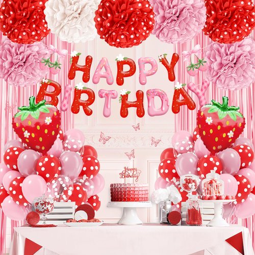 CM ZH set Strawberry Birthday Decorations with Red Pink White Paper Pompoms Red Pearl Pink Balloons Happy Birthday Banner Fringe Curtain for Gender Reveal Strawberry Baby Shower Decorations
