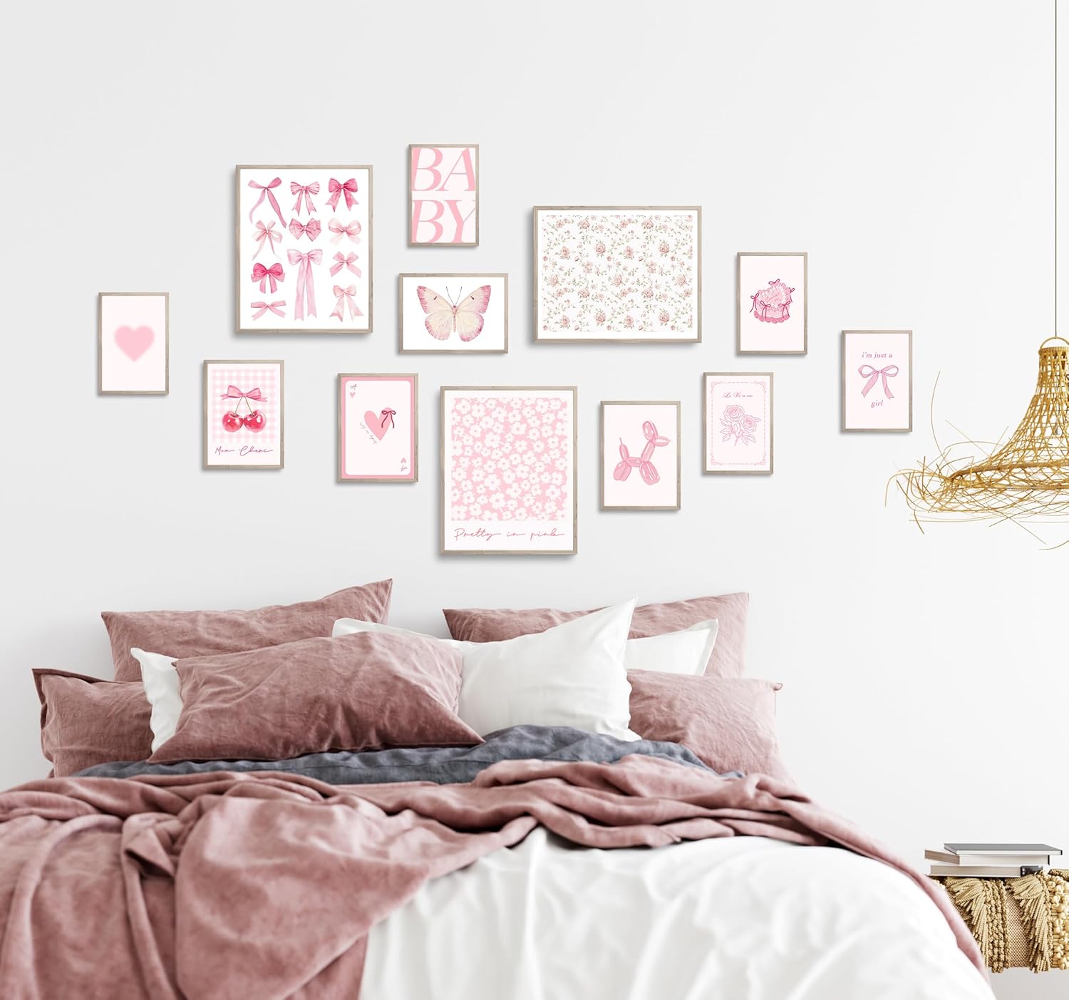 TwoDays Pink Coquette Wall Art | Aesthetic Light Pink Bows Posters for Girls' Dorm | Set of 12 Unframed (8" x 10" Largest)