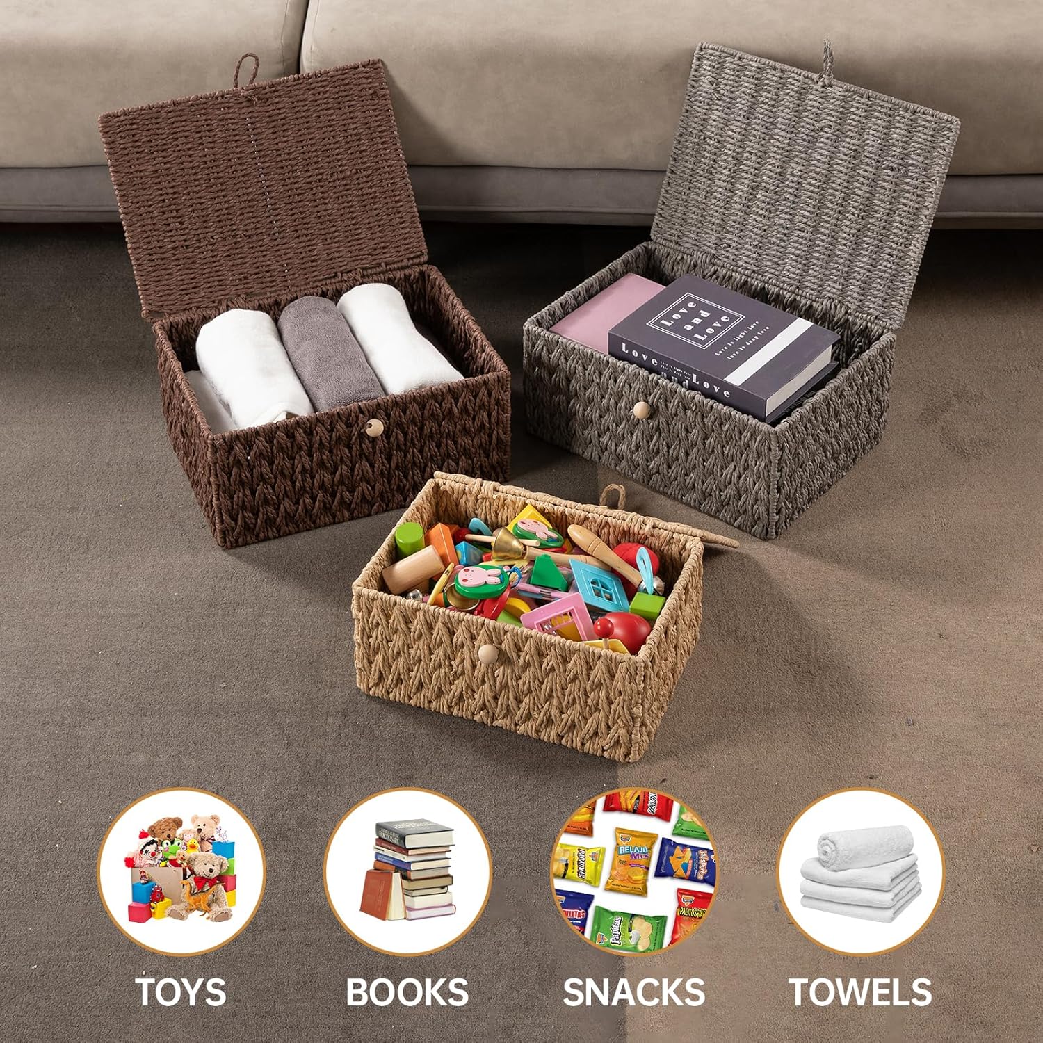 OIAHOMY Wicker Storage Baskets - Lidded Organizing Bins with Lock | Set of 2 in Natural Color
