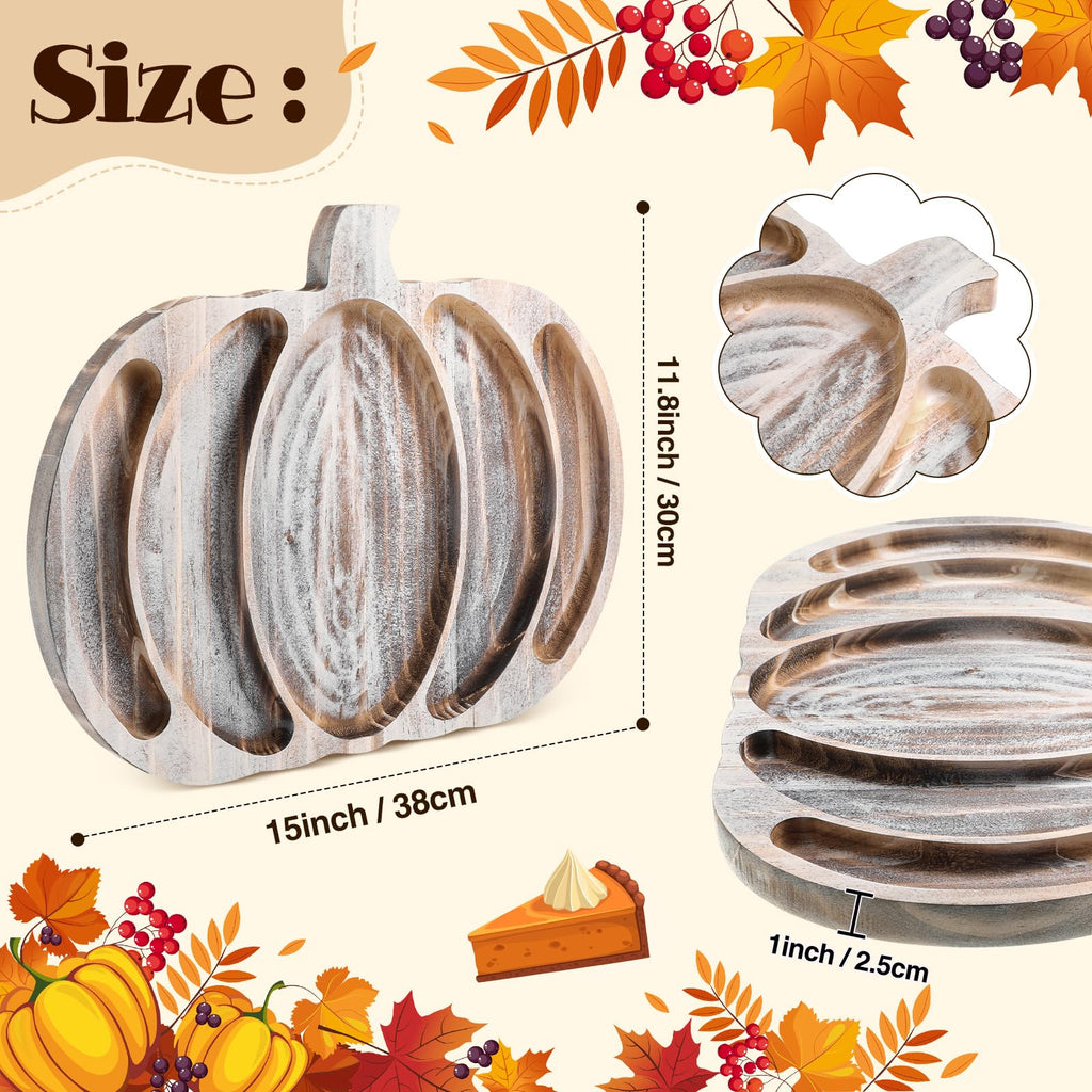Sliner Fall Pumpkin Wooden Serving Dish Platter Thanksgiving 15" L x 12" W Pumpkin Shaped Charcuterie Board Snack Wood Cutting Board Sectional Dish Plate for Home Gifts(Walnut Color)