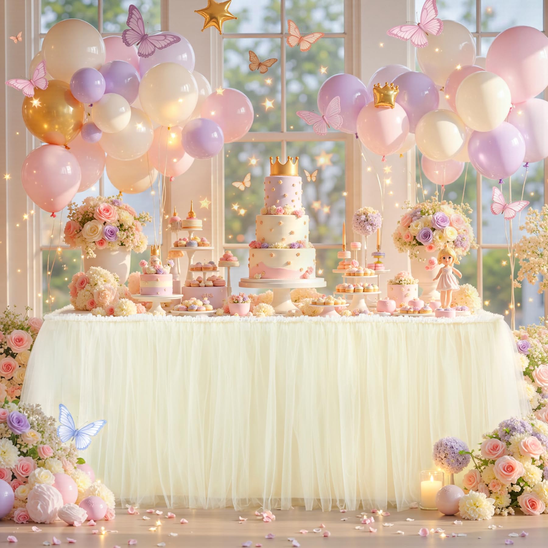PARTISKY 21FT Length Champagne Tulle Table Skirt for Rectangle Tables 2-Layer Ruffle Tulle Tutu Cloth Desk Table Skirt for Baby Shower Girl Birthday Party Wedding Cake Dessert Decorations