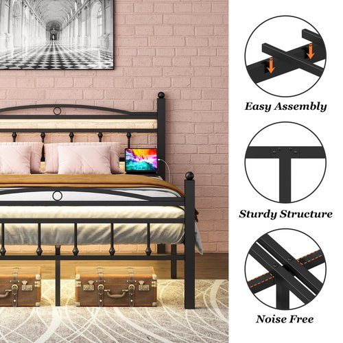 Jenmit Full Size Bed Frame with Headboard,Metal Platform Bed Frame with Charging Station & LED Lights,12in Storage Space Under Bed, No Box Spring Needed, Noise Free, Easy Assembly, Black