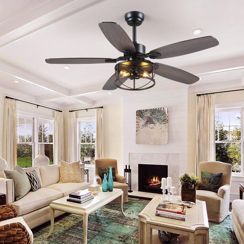 Dannilong Farmhouse Ceiling Fan with Light and Remote 52" Rustic Flush Mount Ceiling Fans 5 Dual Finish Blades Carnegie Industrial Fandelier for Living room Bedroom Patio E26