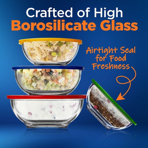NutriChef 4‑Piece Glass Mixing Bowls with Lids – Premium Borosilicate Glass Bowl Set (1 QT‑3.7 QT) – Non‑Toxic Bowls with Airtight Lids for Mixing, Baking, Serving & Storage