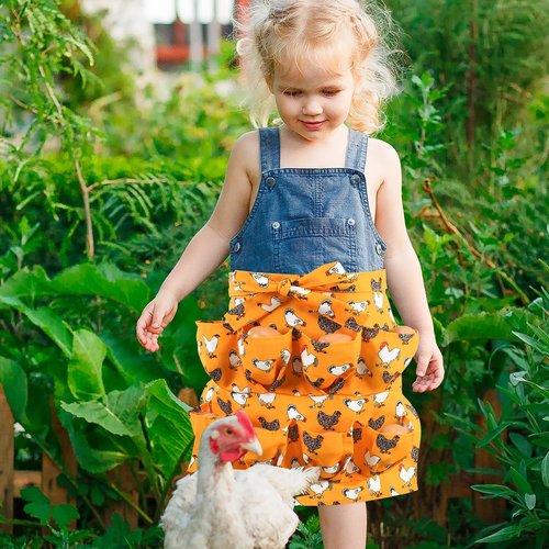 XLSXEXCL Egg Collecting Apron for Kids, Chicken Egg Apron with 8 Pockets, Farmhouse Eggs Aprons for Fresh Eggs for Hen, Duck, Goose, Bird, Various Collection (Yellow-flowered Chicken)