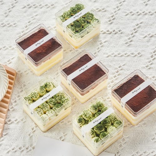 Plastic Square Dessert Cups Boxes with Lids and Sporks,packaging for baked,Cookie Tiramisu Containers for Fruit,Pudding,Mousse,Parfait Cups With Lids(20, 12oz 3.3 * 3.3 * 2.5in boxes+Sporks+Stickers)