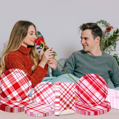 OGMOGKW Valentines Plates and Napkins,60pcs Valentine Paper Plates and Napkins Red Pink Gingham Plates and Napkins Disposable Valentines Day Plates Sets for Valentines Day,Wedding, Anniversary Party