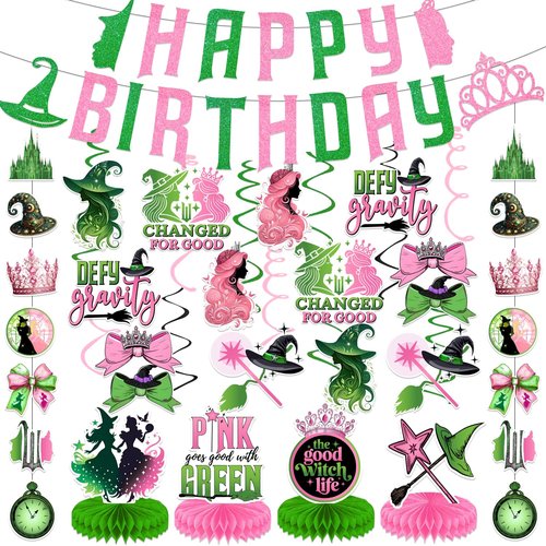 Witch Party Decorations Pink and Green Happy Birthday Banner Hanging Swirls and Honeycomb Centerpieces Witch Theme Party Decorations for Girls Women Birthday Party Supplies
