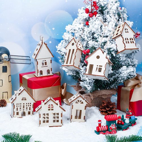 Coume Christmas Wood Ornaments - 9 Pcs Unfinished Rustic White Wooden House Decor for DIY Crafts