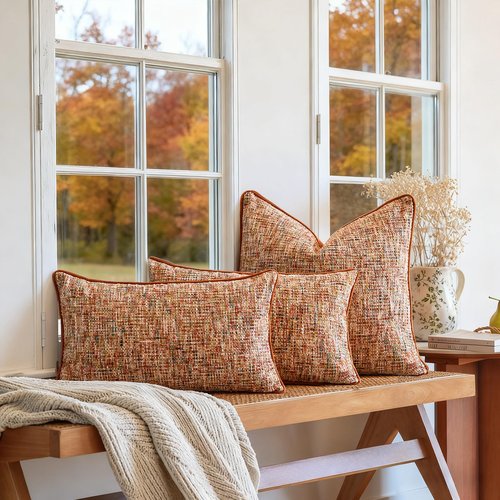 a moment Fall Rust Orange Reversible Pillow Covers 2 Pack - Farmhouse Chenille Throw Pillows, Neutral Textured Decorative Throw Pillow Covers with Border for Couch Sofa Bed (12x20 Inch, No Insert)